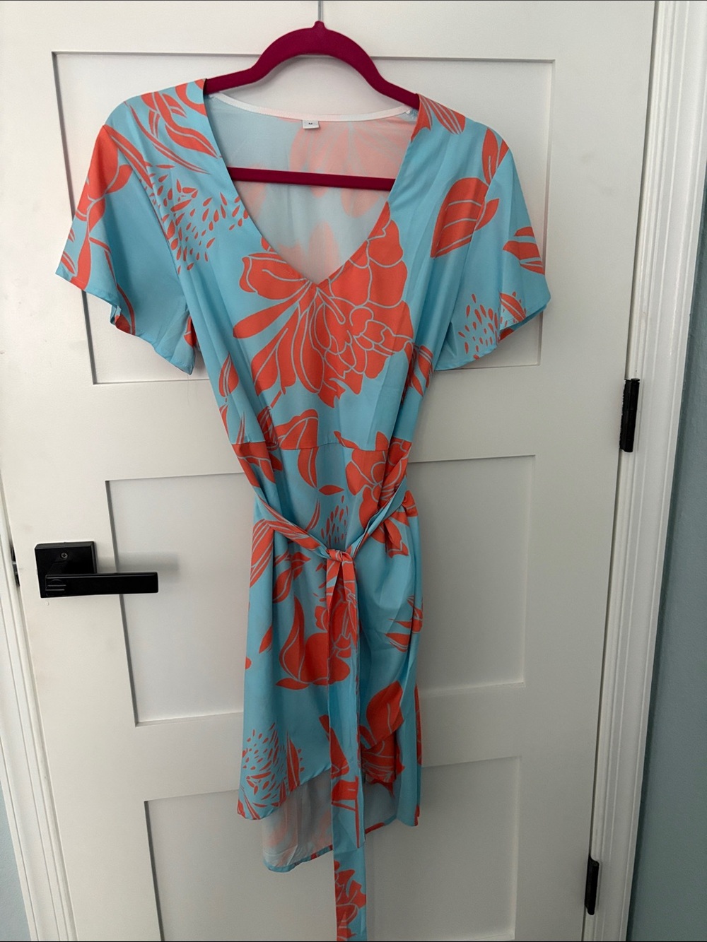 Floral V-Neck Wrap Dress in Aqua and Coral